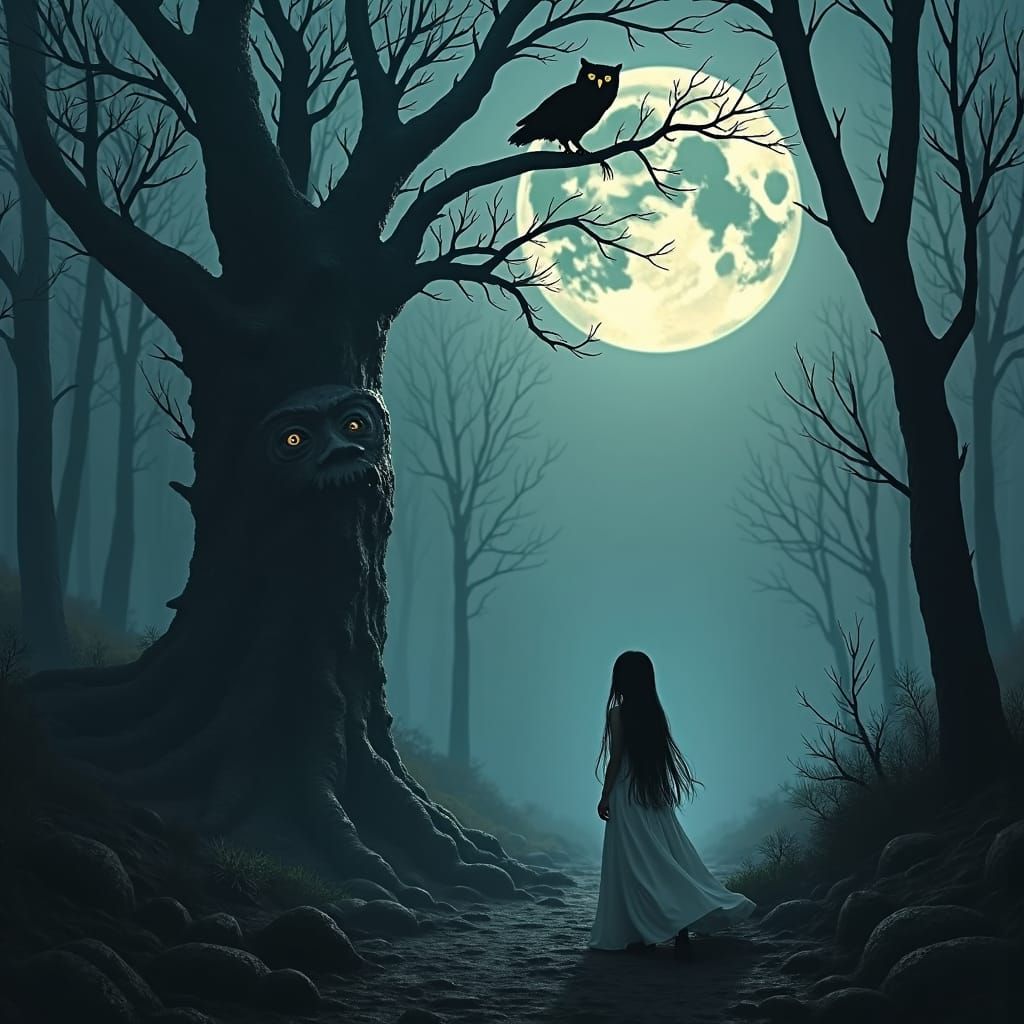 Gothic Girl and Cyborg Tree Woman in Dark Forest