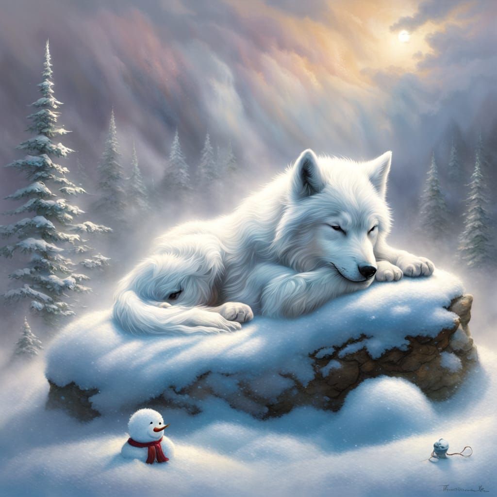 Ethereal Baby Snow Wolf Sleeps Beside Snowman