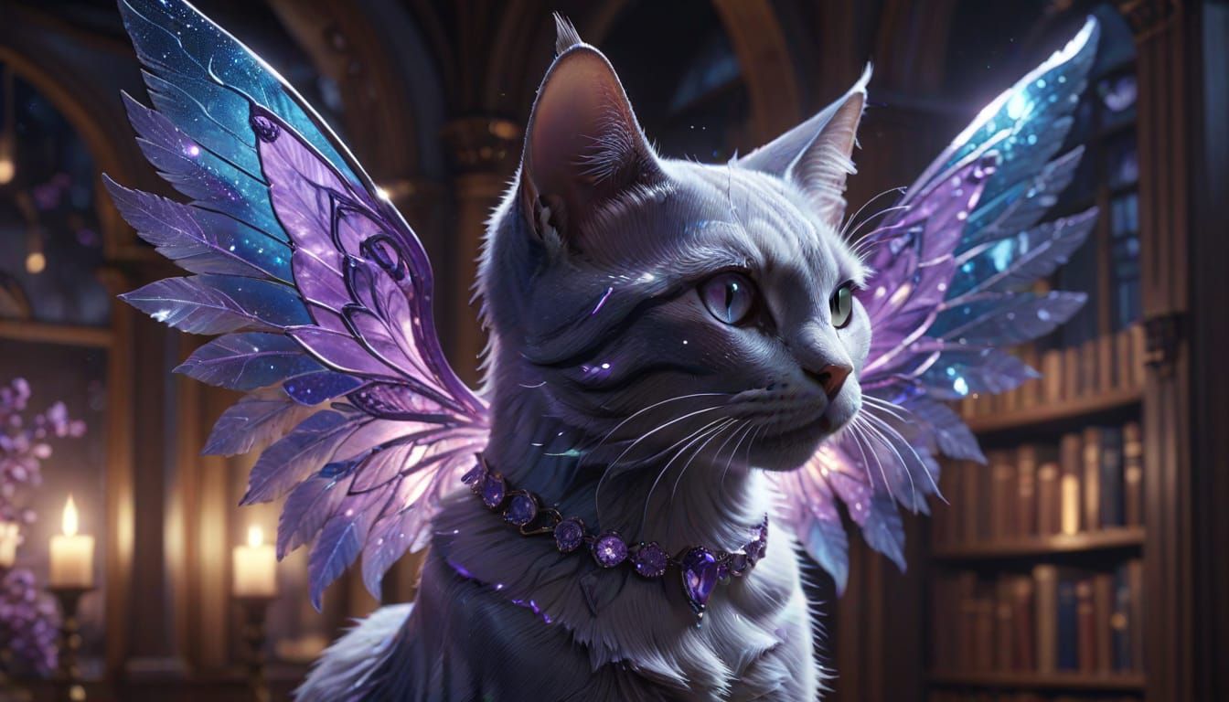 Cat Faerie in Moonlit Library - Elegant Digital Art