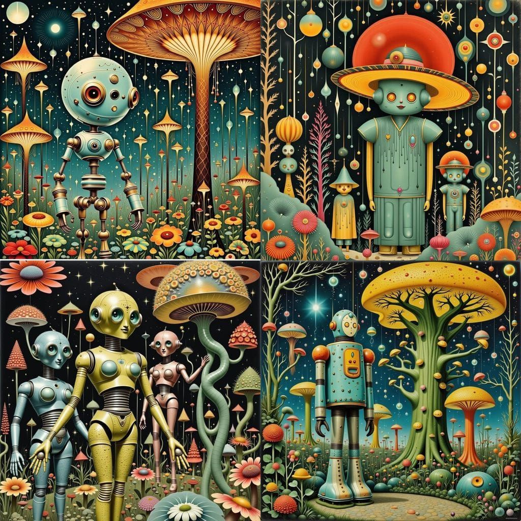 Retro Robots in Enchanted Garden, Art Nouveau Style