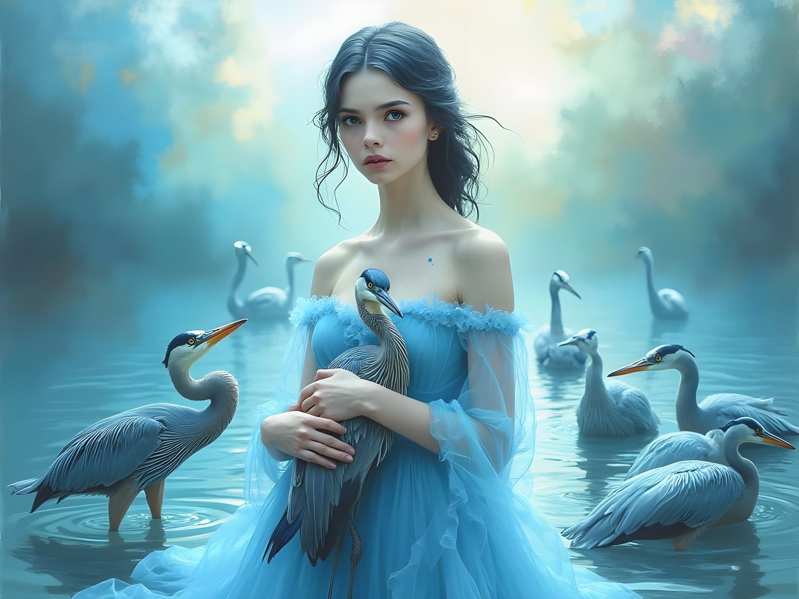 Surreal Abstract Woman in Radiant Blue Pond