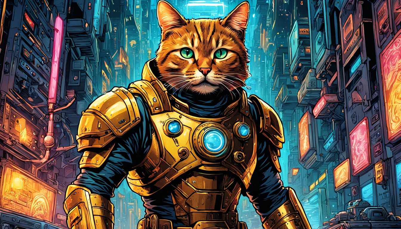 Futuristic Cat Adventurer in Sci-Fi Comic Art