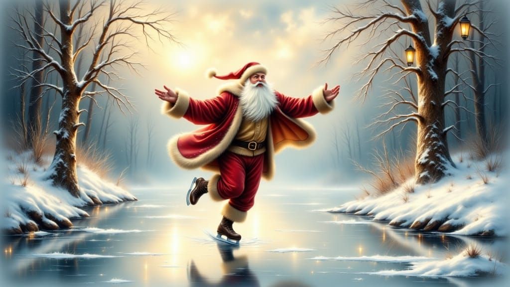 Santa having fun ice skating on a frozen lake