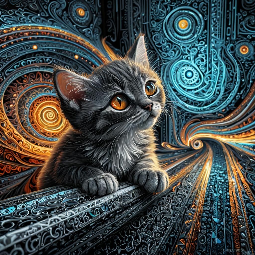 Mosaic Kitten in Abstract Fractal Setting: Digital Art