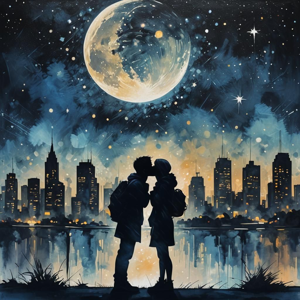 Romantic Kiss Under Starry Sky in Digital Painting Style