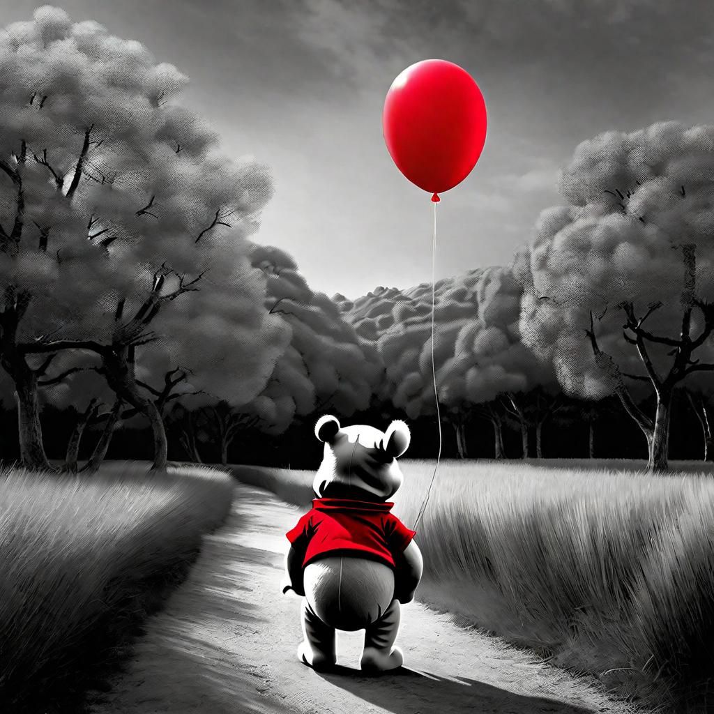 Winnie the Pooh with Red Balloon in Grayscale