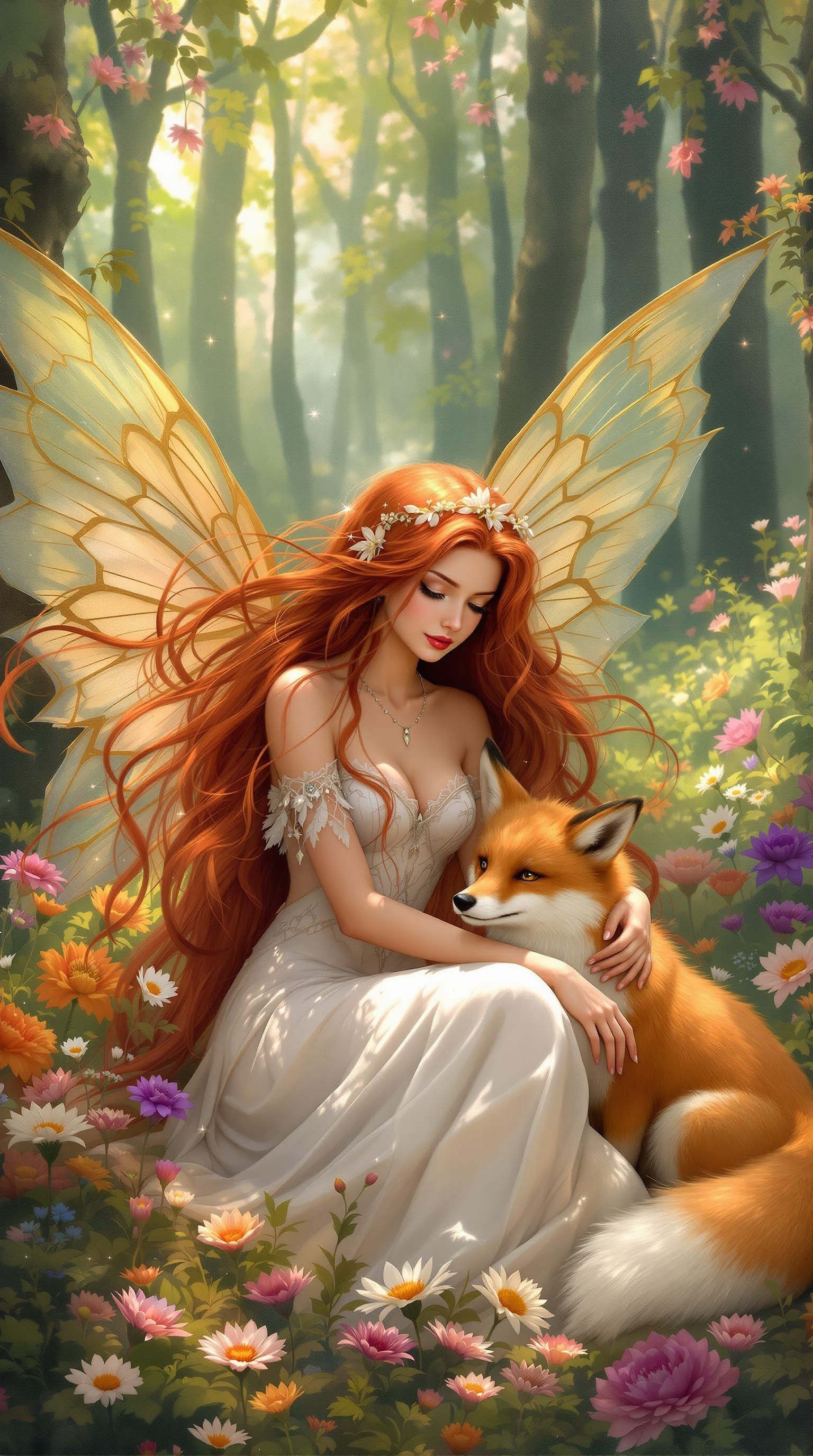 Fairy Woman and Fox in Forest Clearing