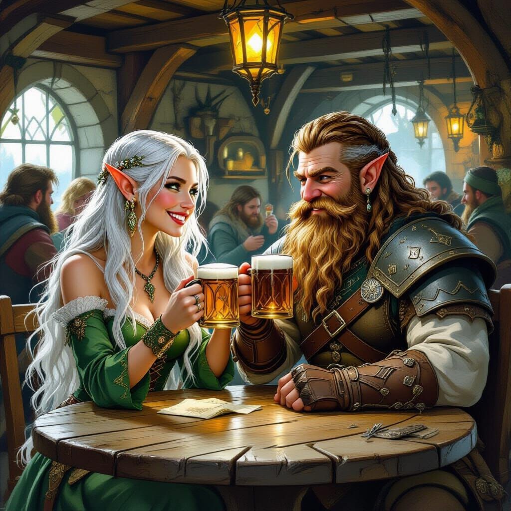 Elf and Dwarf Share a Laugh in Coastal Tavern