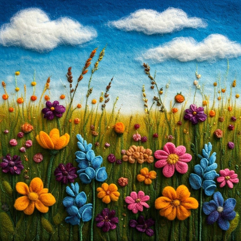 Surreal Wildflower Meadow in Vibrant, Intricately Stitched F...