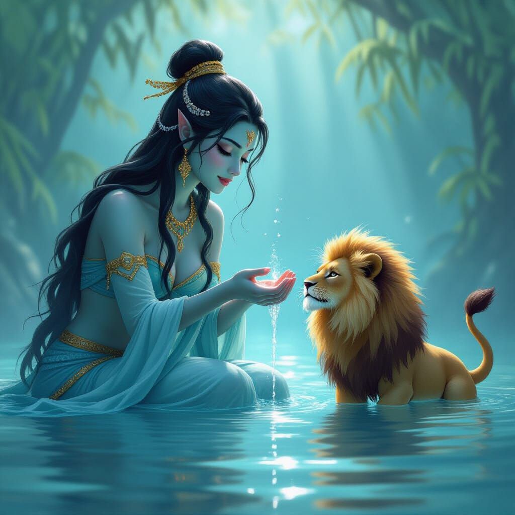 Mythological Water Spirit Playing with Girl and Lion