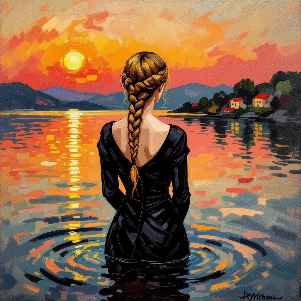 Blonde Woman in Silk Dress as Impressionist Oil Painting