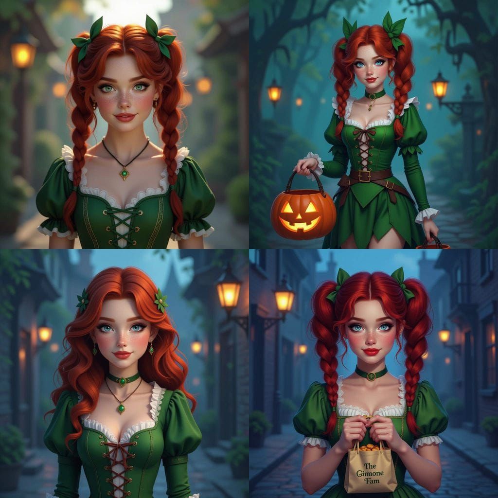 Redhead Girl in Peter Pan Outfit Trick-or-Treating