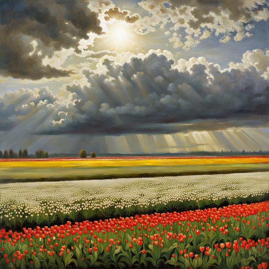 Tulip field on a summer day, dramatic clouds, sun shining through the clouds, oil painting,