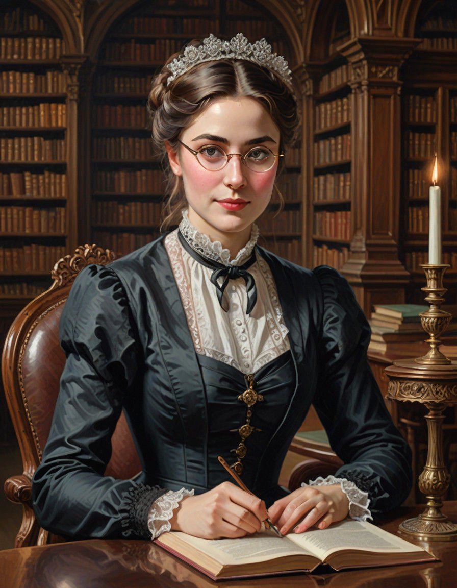 Victorian Lady Reading in Elegant Library Setting