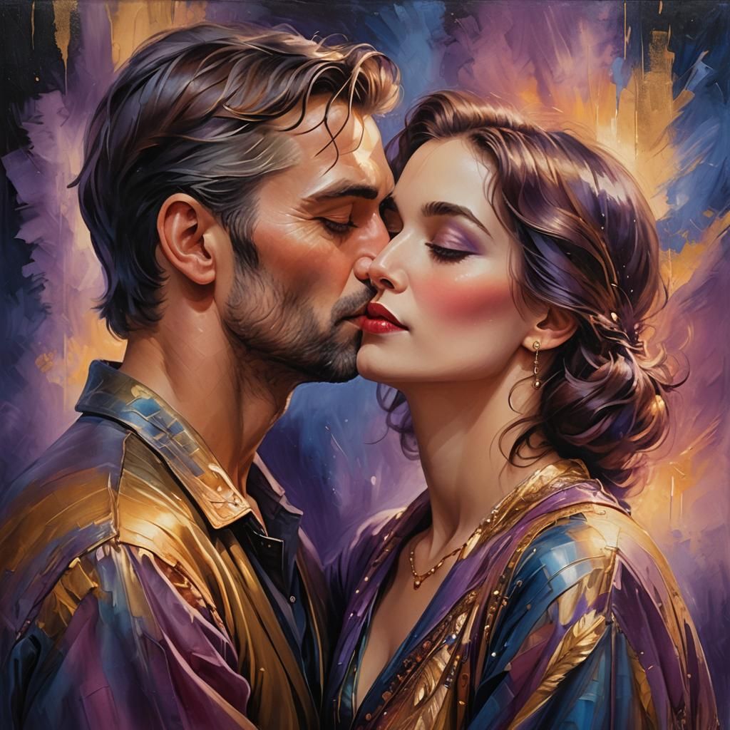 Romantic Kiss in Vibrant Oil Painting Style