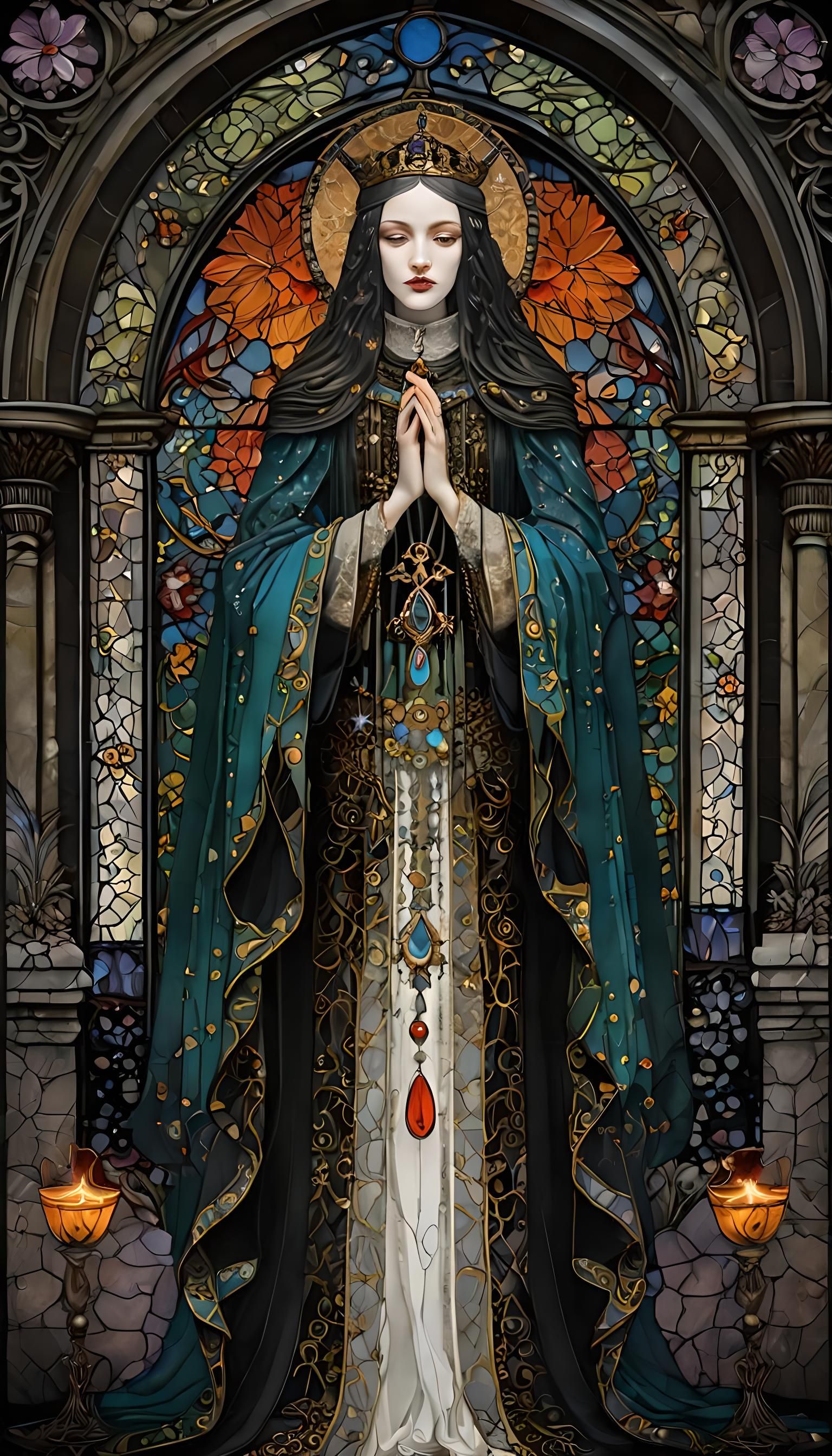 Gothic Woman and Church in Cloisonné Style