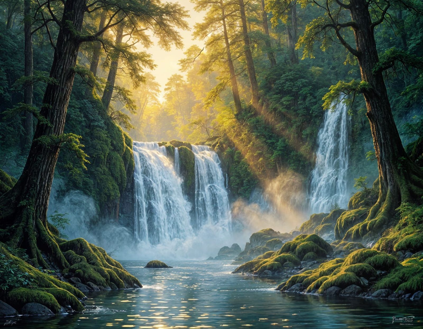 Ancient Forest Waterfall in Golden Hour Light