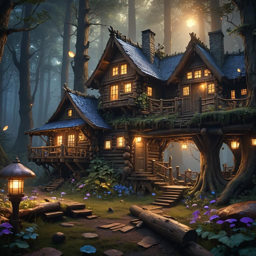 Cozy Cabin in Mystical Forest, Fantasy Concept Art