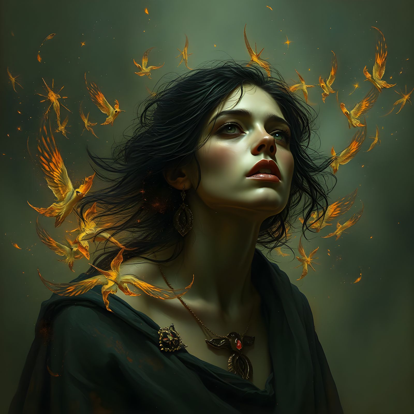 Surreal Portrait of a Female Figure Amidst Celestial Flames ...