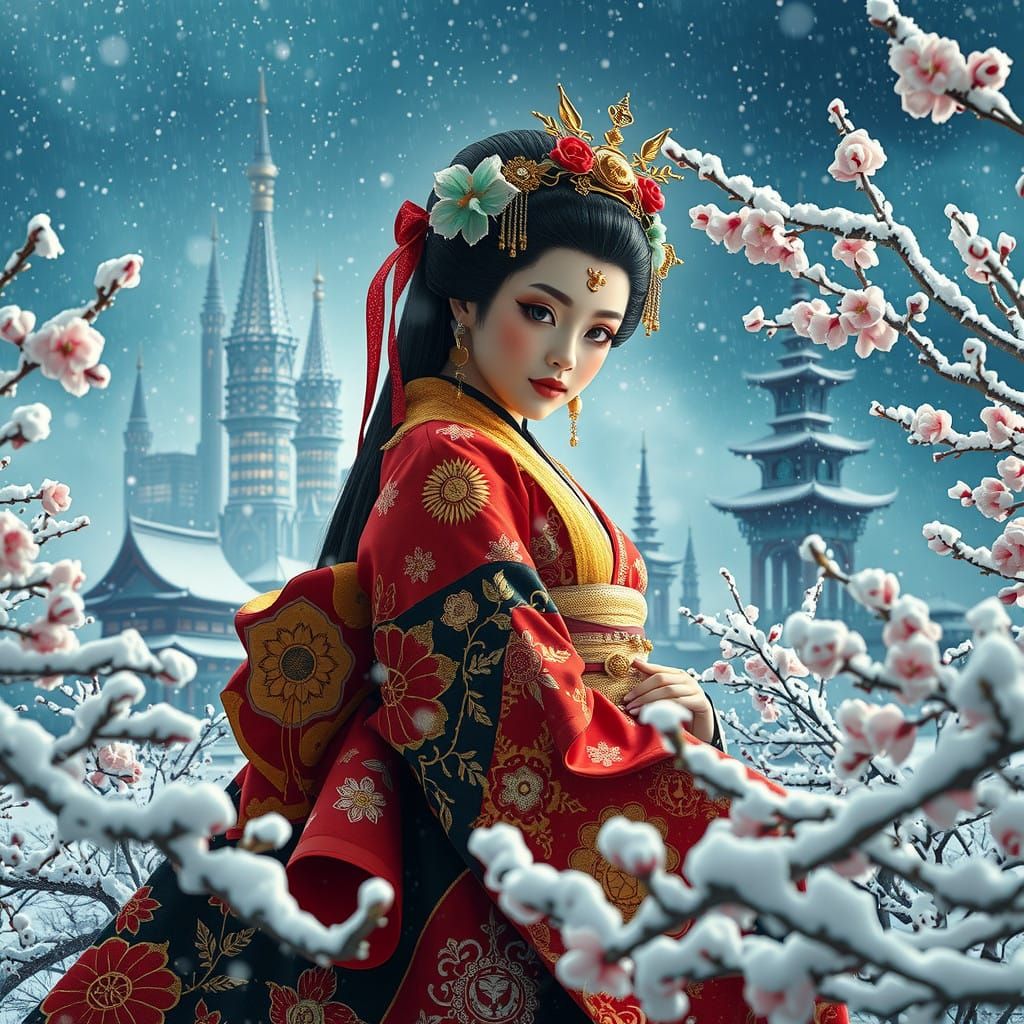 Steampunk Cyberpunk Princess in Golden Kimono with Cherry Bl...