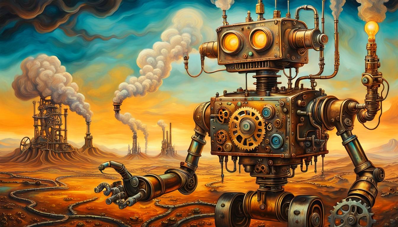 Surreal Steam-Powered Robot in Dreamlike Landscape