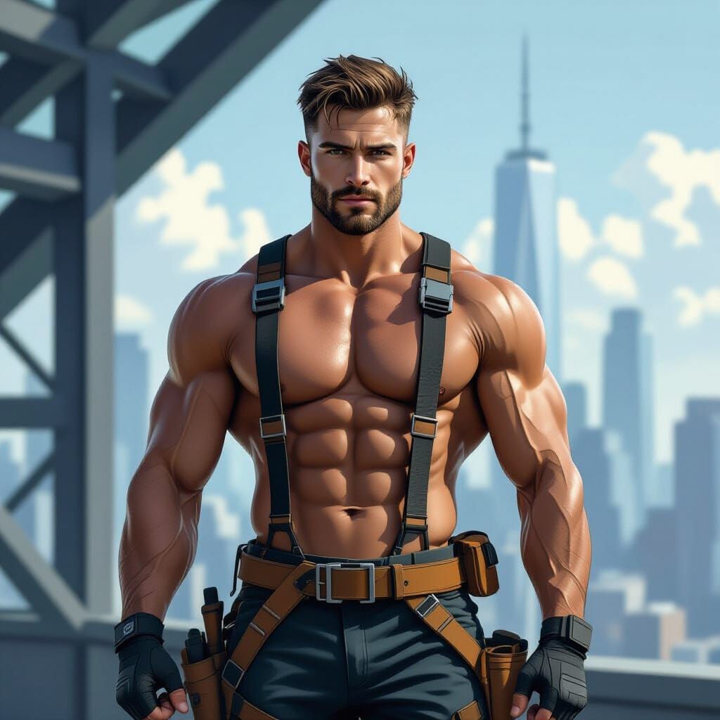 Futuristic Construction Worker in Geometric Cityscape