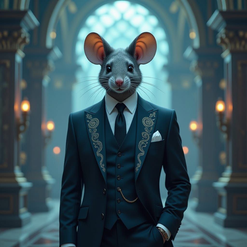 Man with Mouse Face in Mystical Chamber, Fantasy Art