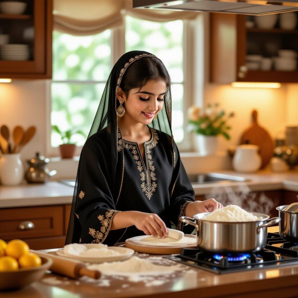 Pakistani Girl Preparing Meal in Cozy Kitchen