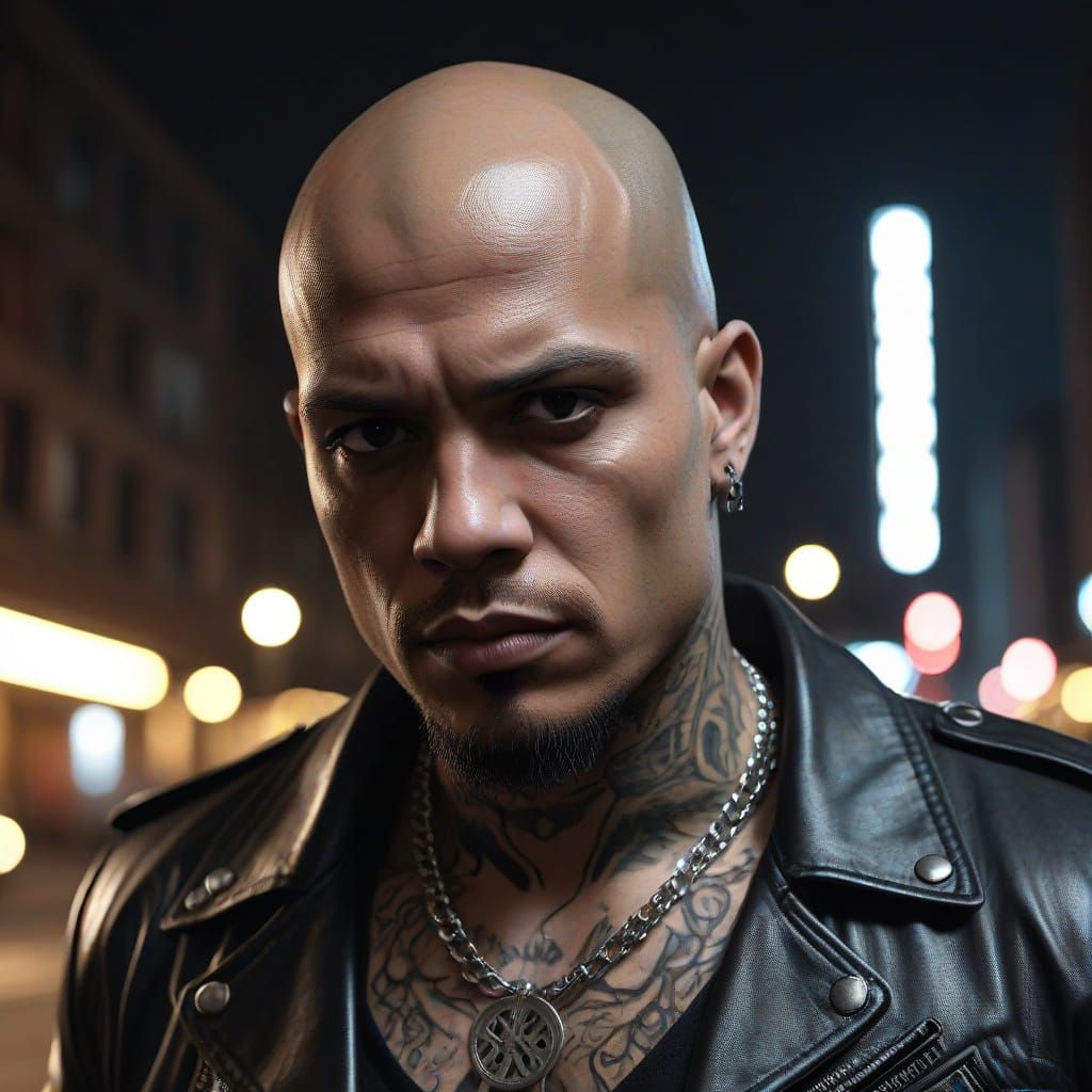 Hyper-Realistic Urban Portrait of a Bald Man in a City Night...