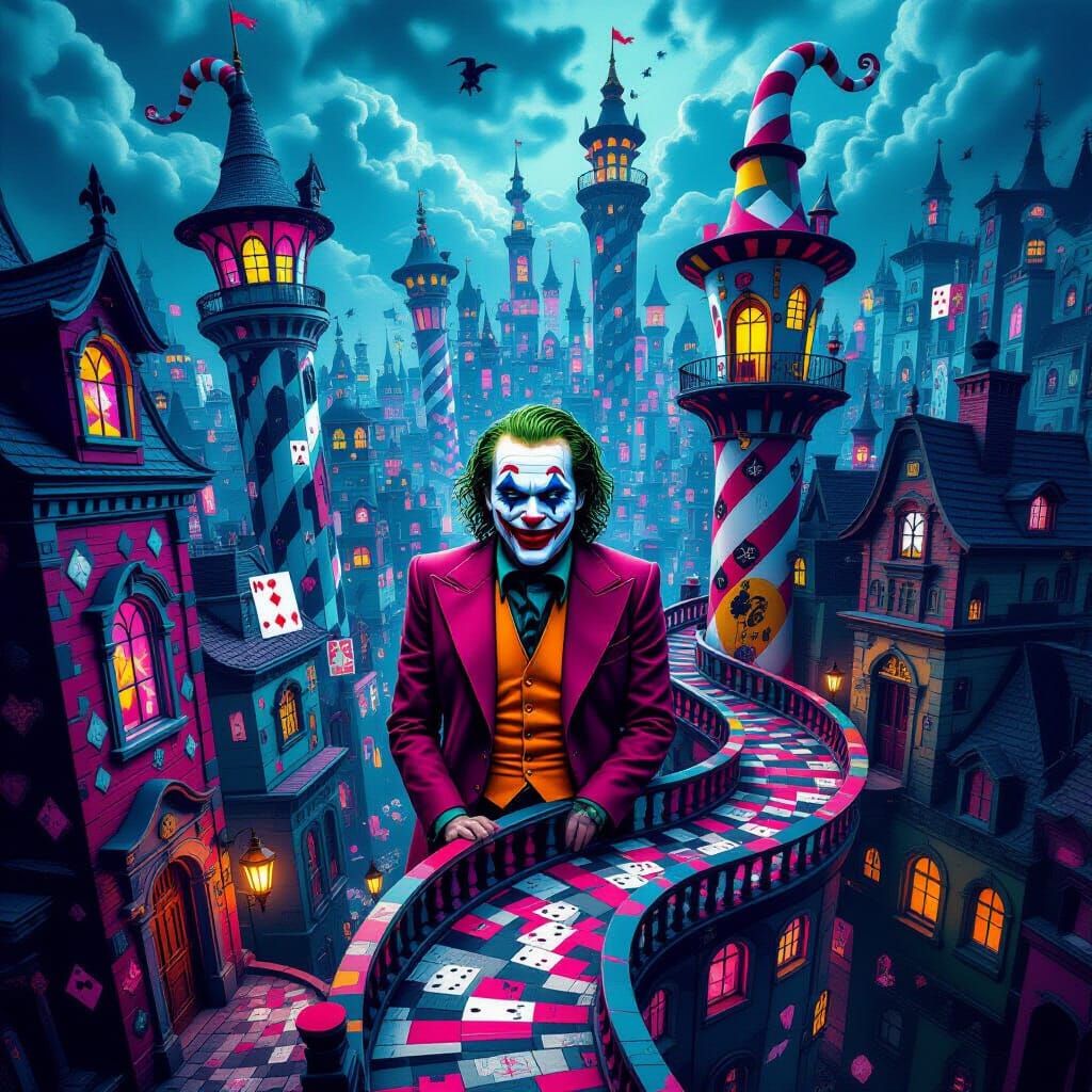 Surreal Joker Cityscape with Psychedelic Colors and Neon Lig...