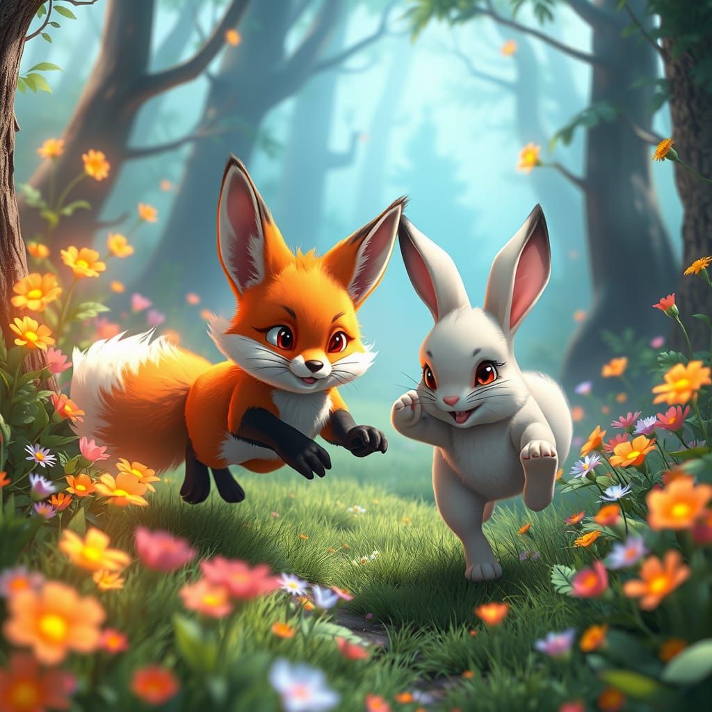 Whimsical Forest Friends Play Tag in Vibrant Anime Style