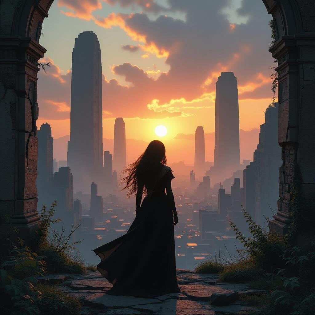 Ethereal Woman in Overgrown Gothic City