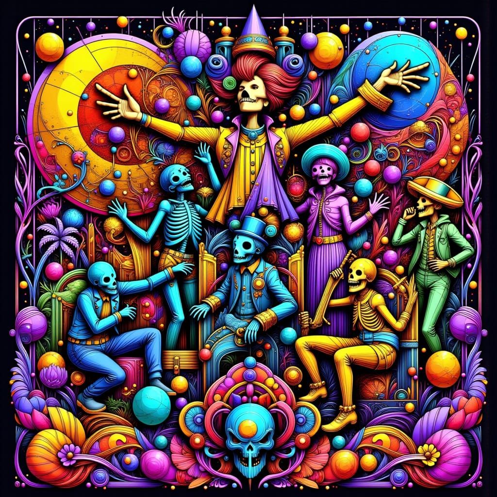 Vibrant Art Nouveau Punk Dance Scene with Bears and Skeleton...