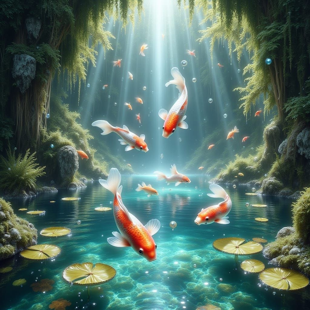 Koi in Ethereal Grotto: Surreal Romantic Scene