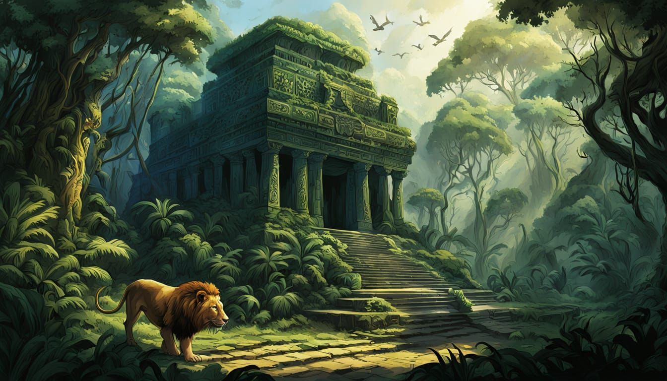 Lion Leads Animals to Jungle Temple in Comic Art