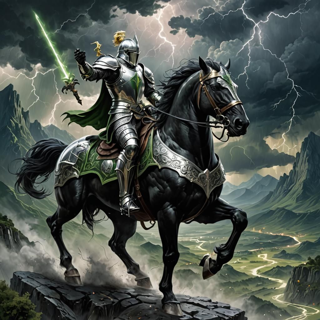 Fantasy Knight Rides Under Lightning Storm