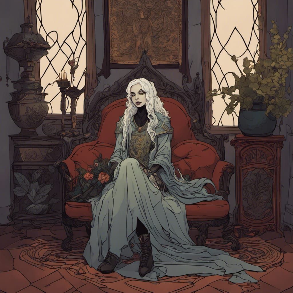 Medieval Woman in Living Room, Triadic Colors