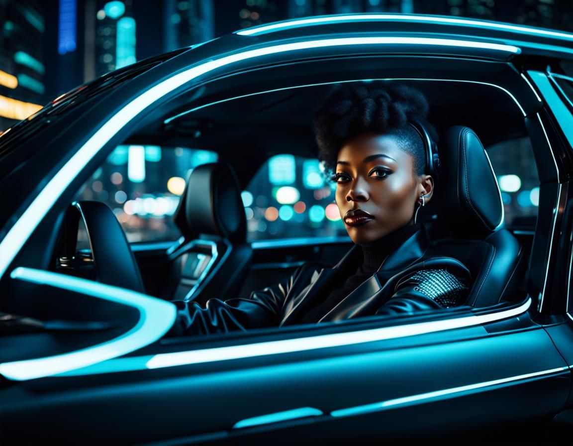 Stylish Woman in Futuristic Car at Night
