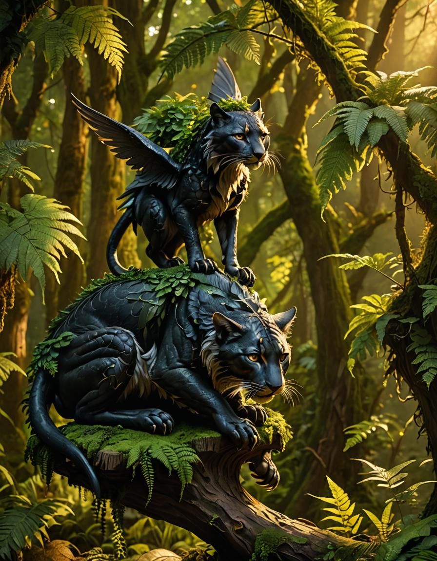 Winged Panther in Mystical Forest, Faerie Realm