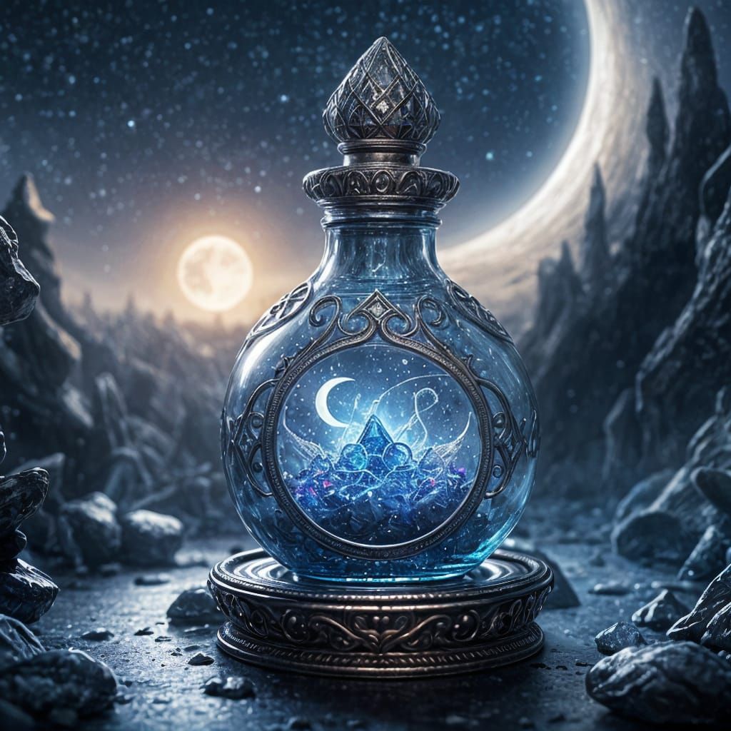 Glowing Silver-Blue Potion with Moon Runes and Stardust
