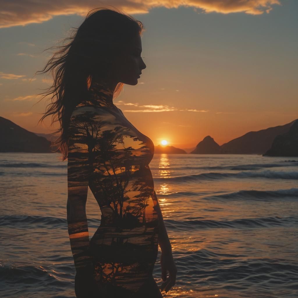 Double Exposure: Woman and Sunset Coast in 8K