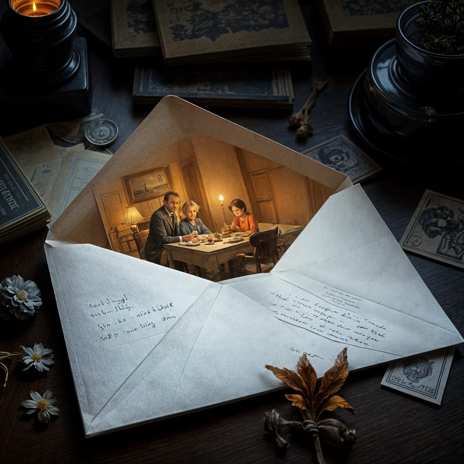 Glowing Family Dinner Scene Emerging from Envelope