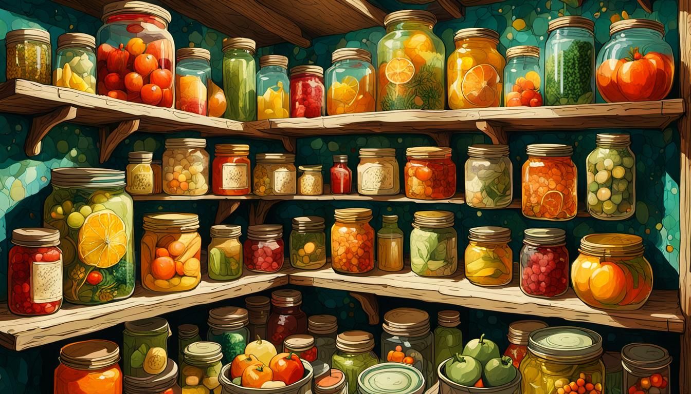 Magical Fantasy Pantry Overflowing with Harvest, Ink Art