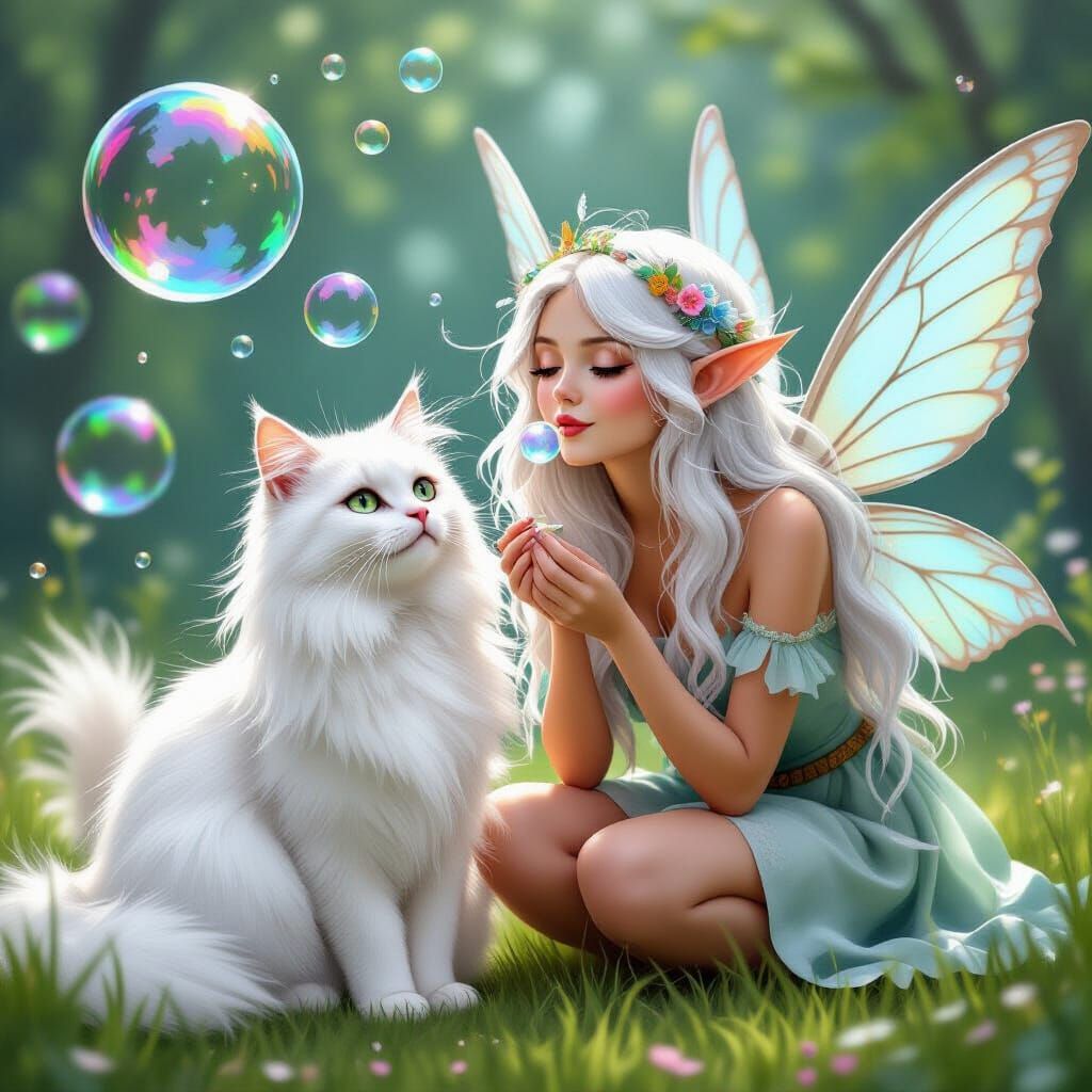 Whimsical Fairy and Cat Blowing Bubbles