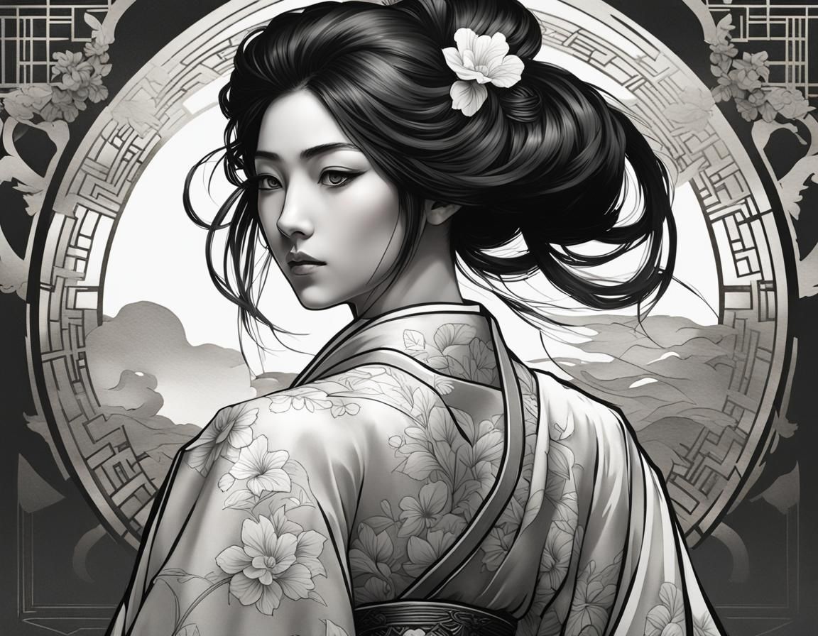 Art Nouveau Calendar Girl in Kimono