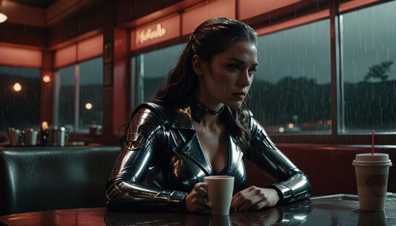 Chrome Superheroine in Rainy Diner: Cinematic Still
