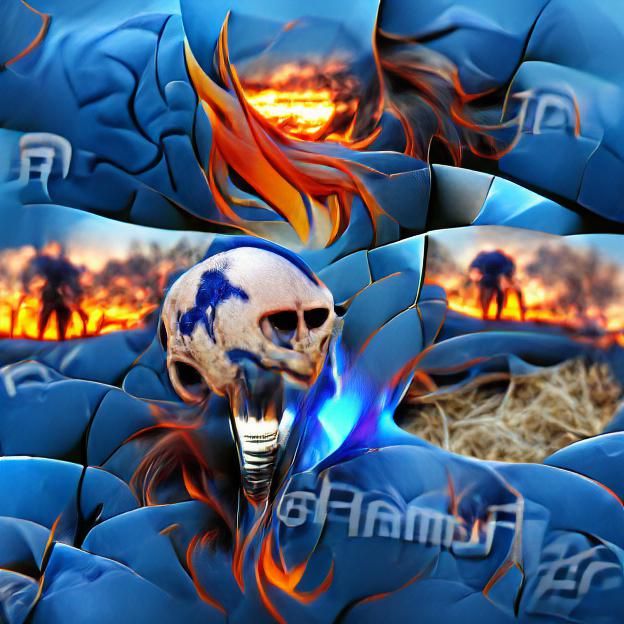 Blue Flaming Skull Against Hellfire Sunset