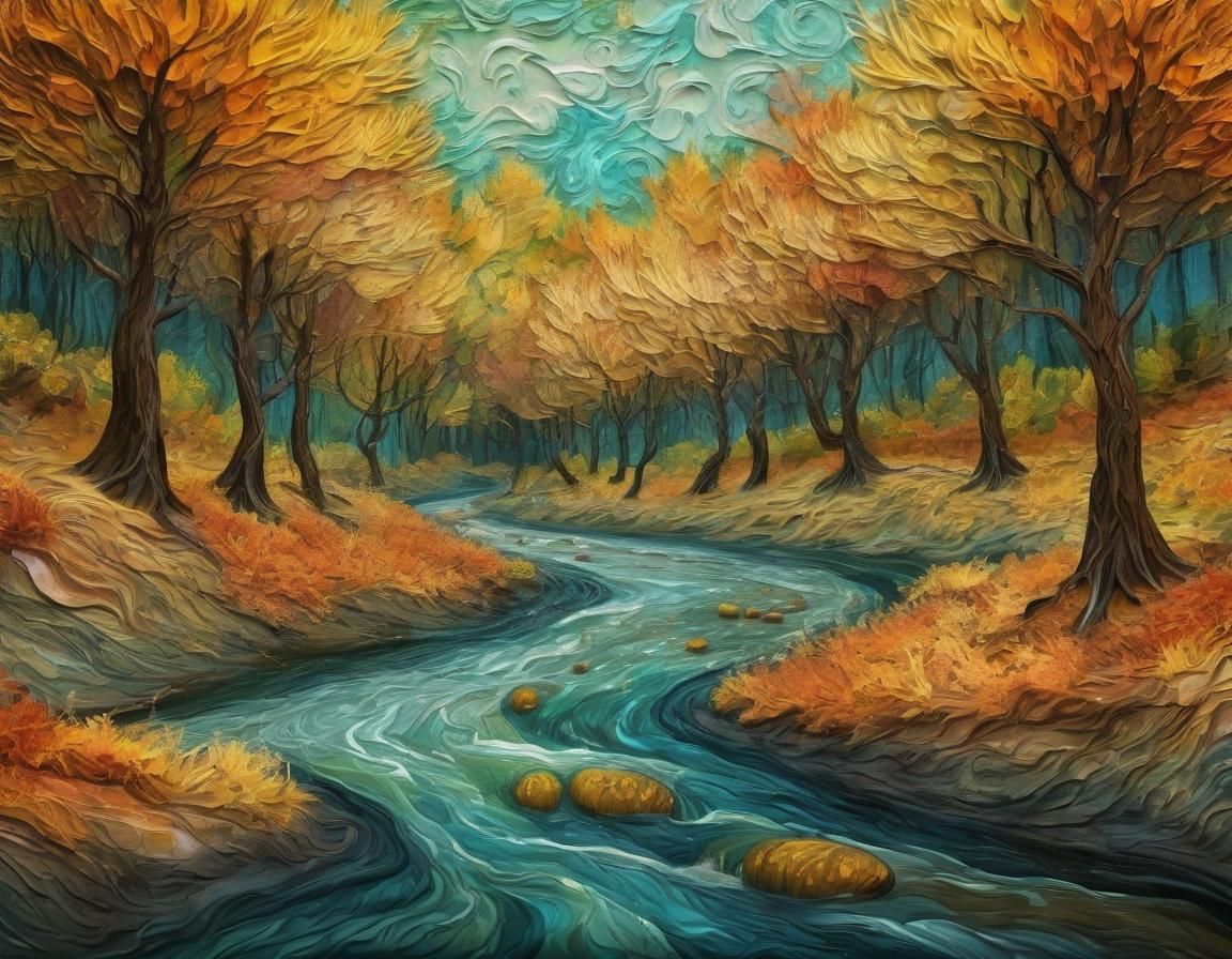 Autumn River Scene in Impasto Style