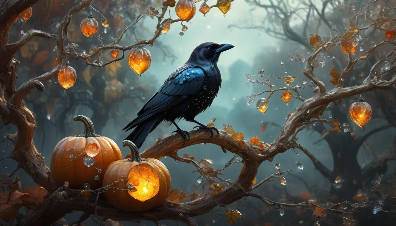 Crystal Bird and Translucent Pumpkins on Autumn Tree