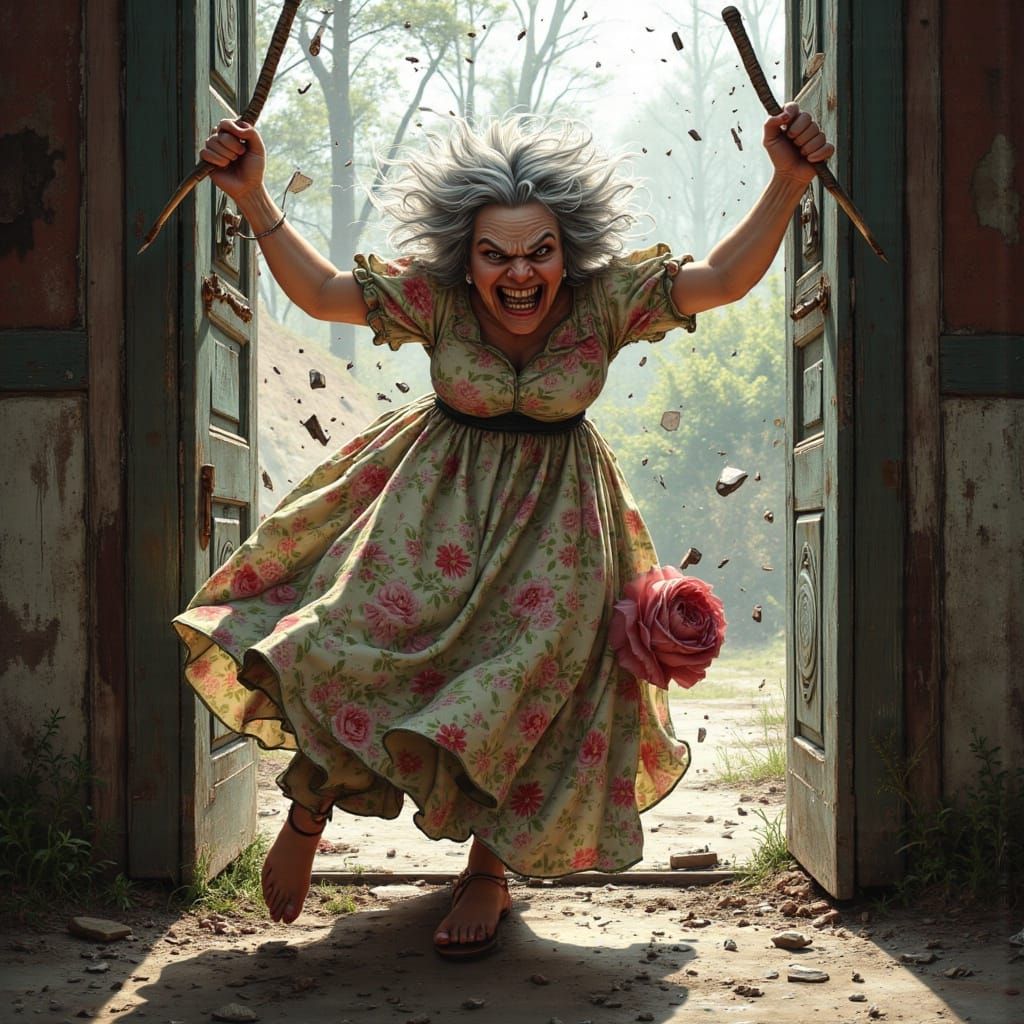 Eccentric Elderly Woman Kicks Through a Screen Door in a Cin...